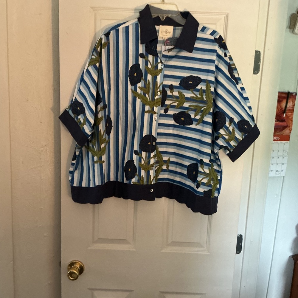 Kids Blue Striped Floral Button-Up Top